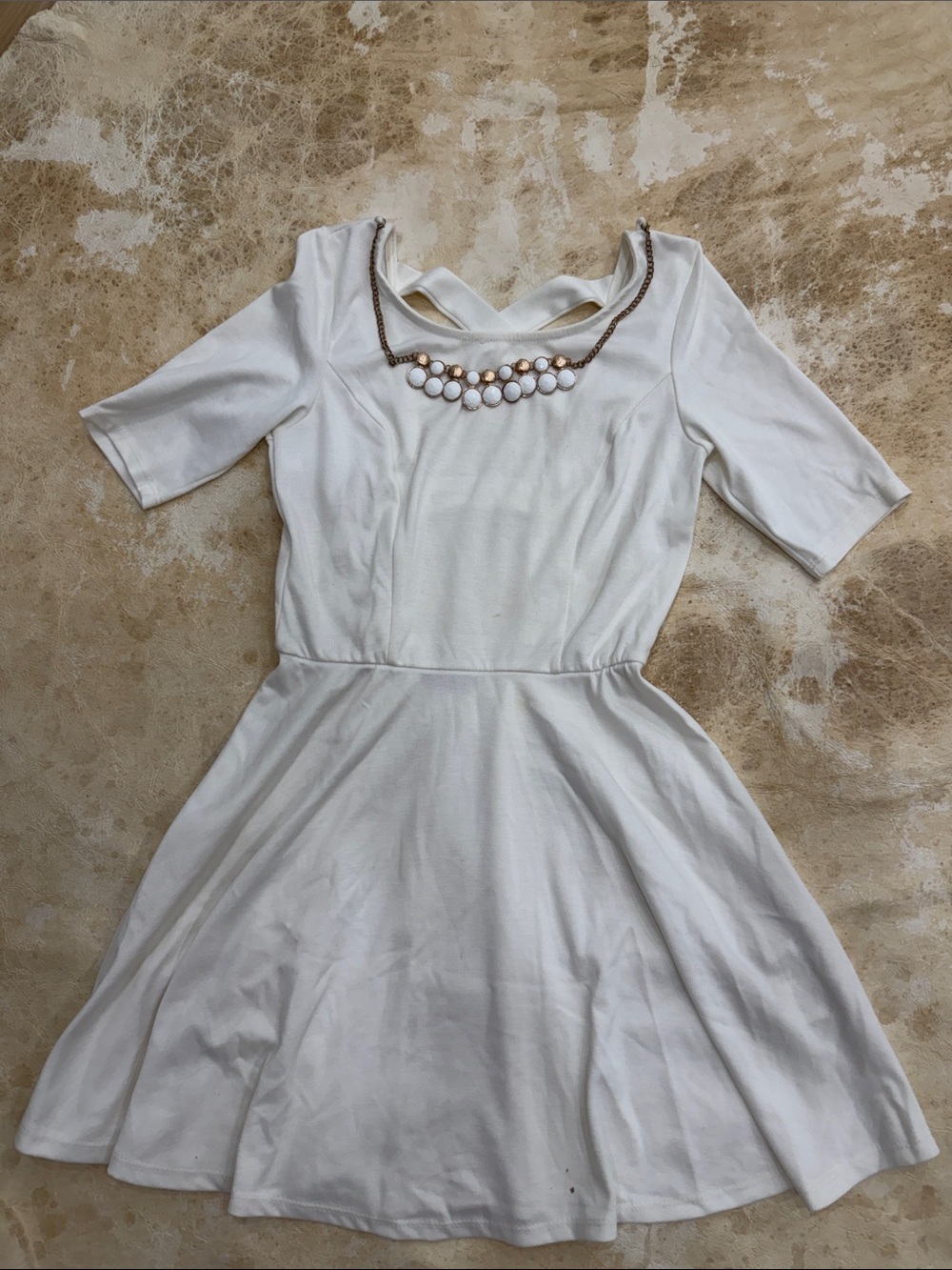 Women's White Midi Fit-and-Flare Dress with Decorative Neck Accent